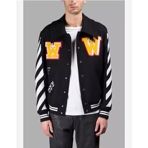 Off White C/O Virgil Abloh 2016/2017 Black Wool Snap Front Varsity Jacket XS
